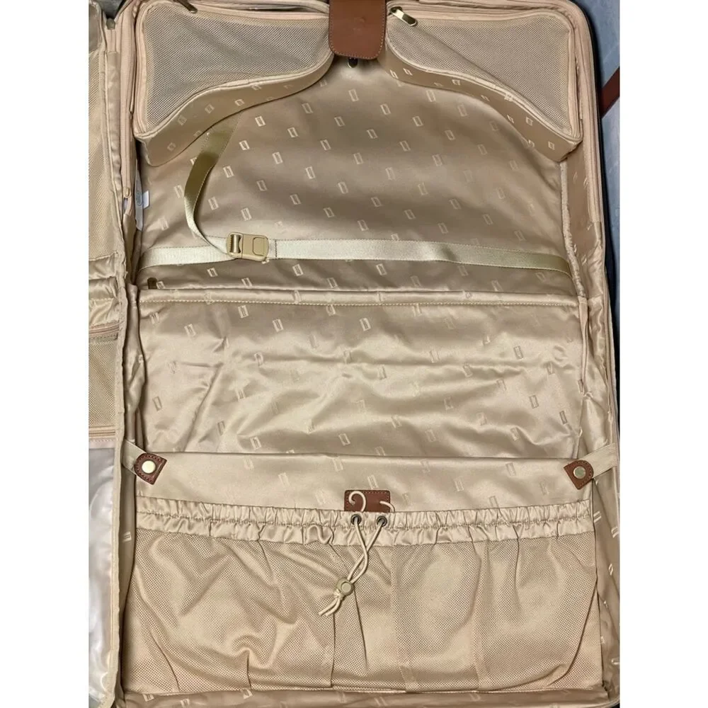 Hartmann Black Rolling Garment Bag w/Tan Leather Trim & Gold Satin Interior